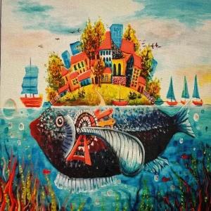 Pannello tessuto Città di Pesce 46x46 cm