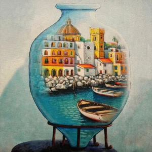 Pannello tessuto Città nel Vaso 46x46 cm