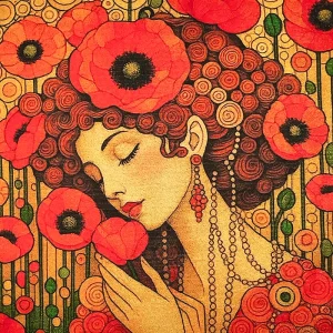 Pannello tessuto Donna Stile Klimt Papaveri 47x47 cm