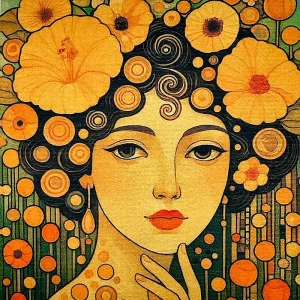 Pannello tessuto Donna Stile Klimt con Fiori Gialli 47x47 cm