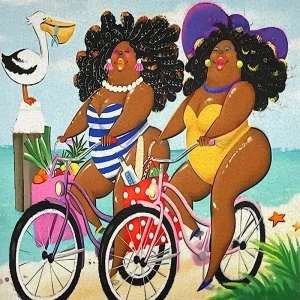 Pannello tessuto Donne Stile Botero in Bicicletta 46x46 cm