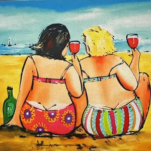Pannello tessuto Donne Stile Botero al Mare con Calici di Vino 46x46 cm