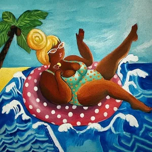 Pannello tessuto Donna Stile Botero sul Salvagente 46x46 cm
