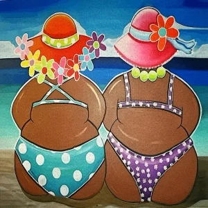 Pannello tessuto Donne Stile Botero in Riva al Mare con Costumi 46x46 cm