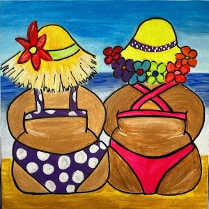 Pannello tessuto Donne Stile Botero al Mare Costume Fucsia e a Pois 46x46 cm
