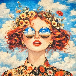 Pannello tessuto Donna con Capelli Rossi e Margherite 47x47 cm