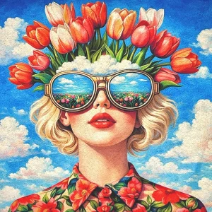 Pannello tessuto Donna con Tulipani nei Capelli 47x47 cm