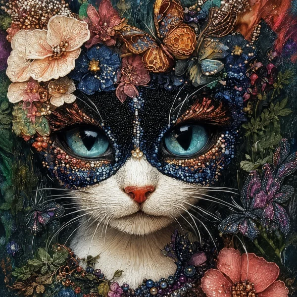 Pannello tessuto Gatto maschera floreale 47x47 cm