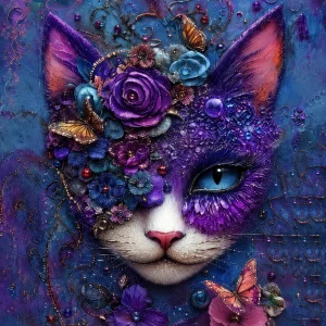 Pannello tessuto Gatto viola con rosa e farfalle 47x47 cm