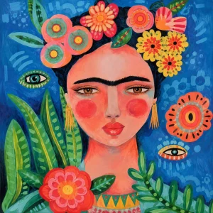Pannello tessuto Ritratto folk fiori arancio e giungla 47x47 cm