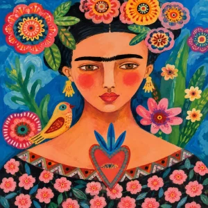 Pannello tessuto Ritratto folk cuore sacro e fiori 47x47 cm