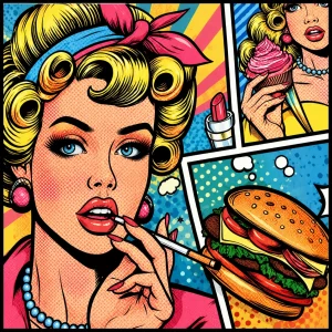Pannello tessuto Donna pop art rossetto e hamburger 47x47 cm