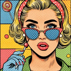 Pannello tessuto Donna pop art occhiali azzurri 47x47 cm
