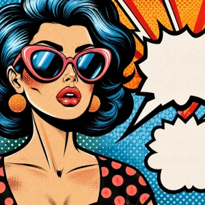 Pannello tessuto Donna pop art occhiali e fumetto 47x47 cm
