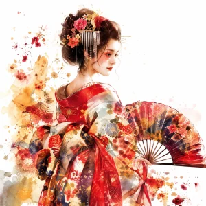 Pannello tessuto Geisha kimono rosso profilo e ventaglio 47x47 cm