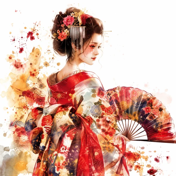 Pannello tessuto Geisha kimono rosso profilo e ventaglio 47x47 cm
