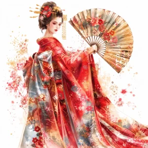 Pannello tessuto Geisha kimono rosso ventaglio grande 47x47 cm