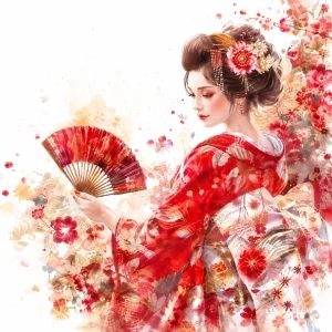 Pannello tessuto Geisha kimono rosso profilo fiorito 47x47 cm