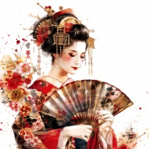 Pannello tessuto Geisha kimono rosso ventaglio basso 47x47 cm