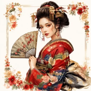 Pannello tessuto Geisha kimono rosso ritratto con cornice 47x47 cm