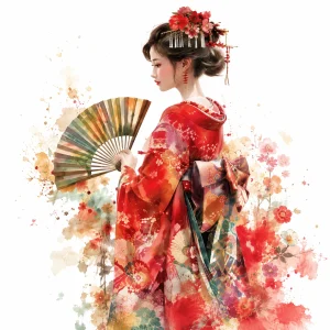 Pannello tessuto Geisha kimono rosso ventaglio paesaggio 47x47 cm