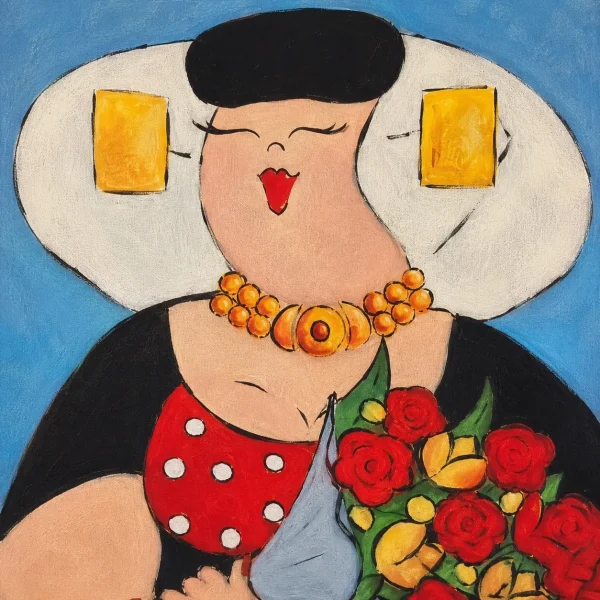 Pannello tessuto Nancy abito rosso e fiori 47x47 cm