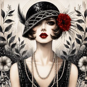 Pannello tessuto Donna art deco cappello nero e fiore rosso 47x47 cm