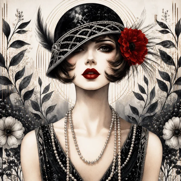 Pannello tessuto Donna art deco cappello nero e fiore rosso 47x47 cm
