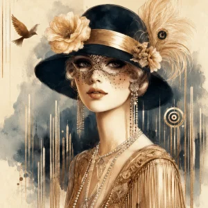 Pannello tessuto Donna art deco cappello blu 47x47 cm