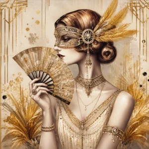 Pannello tessuto Donna art deco ventaglio oro 47x47 cm