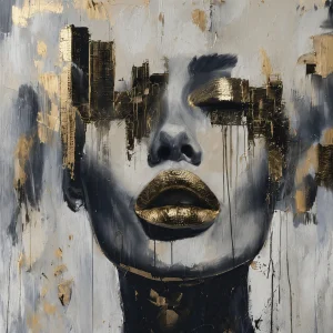 Pannello tessuto Volto urbano labbra oro 47x47 cm