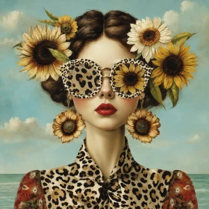 Pannello tessuto Donna occhiali leopardati e girasoli 47x47 cm