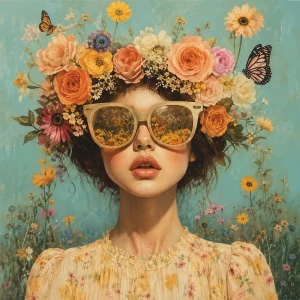 Pannello tessuto Donna occhiali oro e corona fiori 47x47 cm